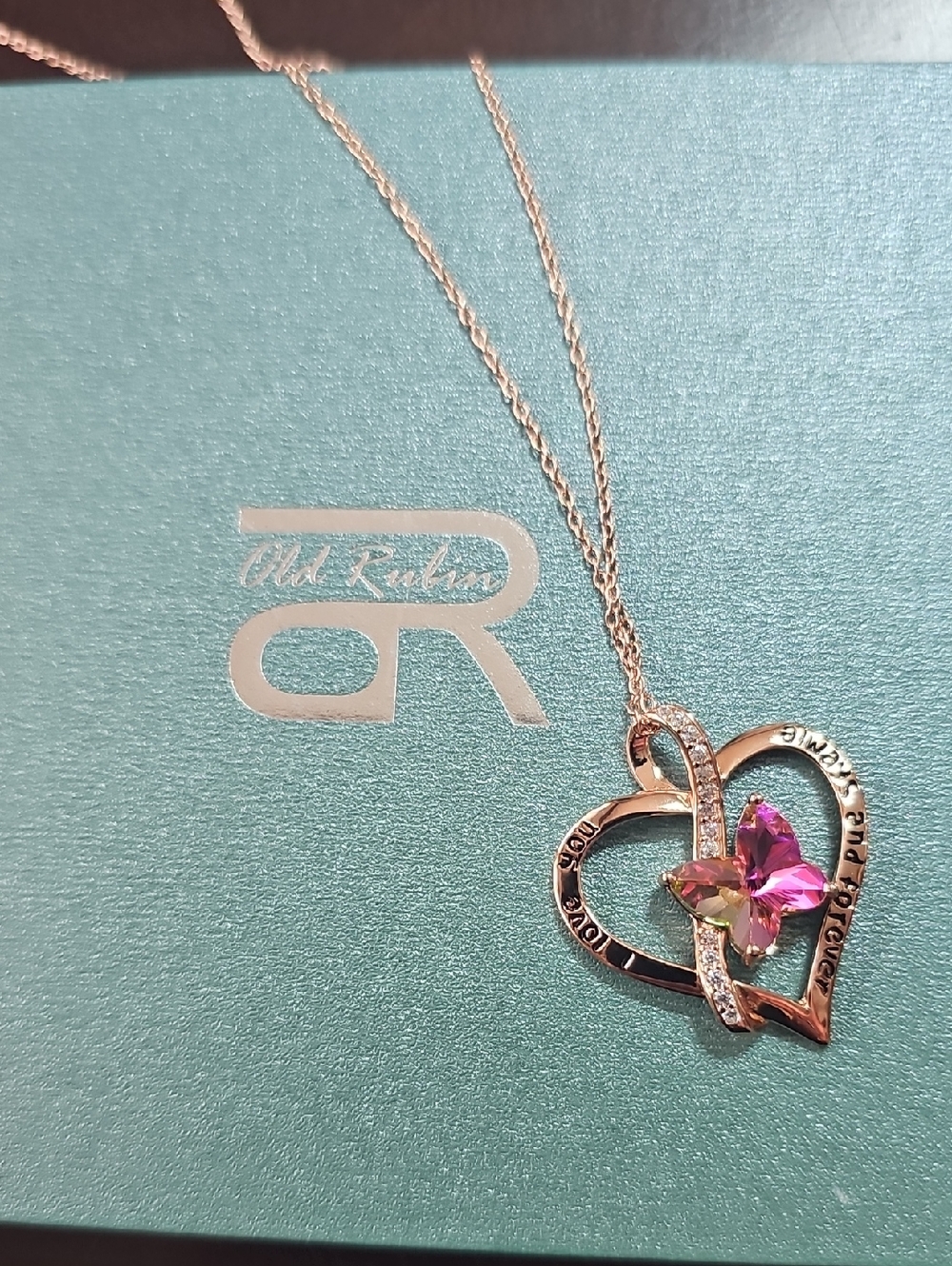 Rose Gold Heart Pendant Necklace with Pink Crystal - Unbranded